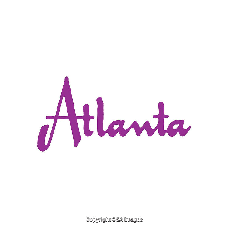 Stylized Handwritten Atlanta Text in Purple on White Background
