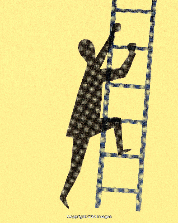 Silhouette of Person Motivatedly Scaling a Ladder on a Simple Yellow Background