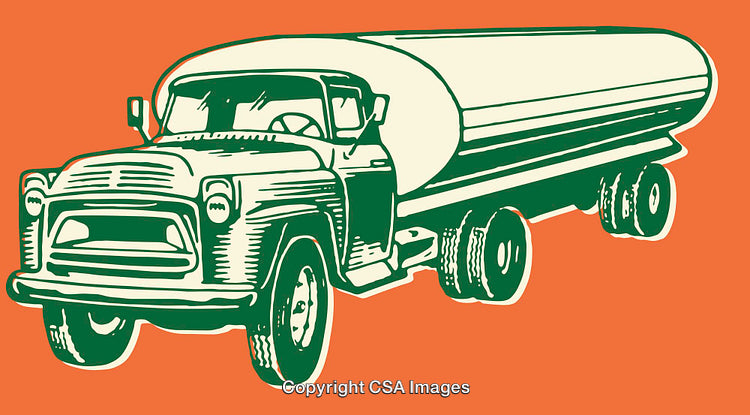 Vintage Color Illustration of a Fuel Tanker Truck in Green and Orange