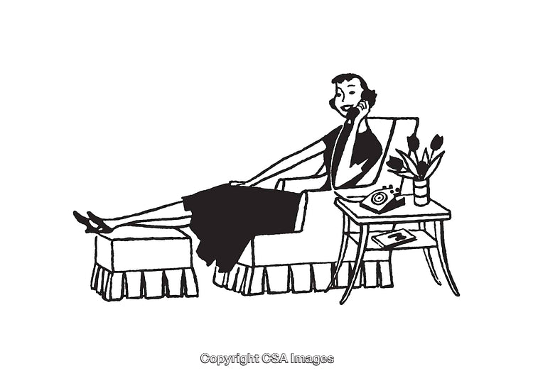 Black and White Illustration of a Woman Relaxing Using a Telephone