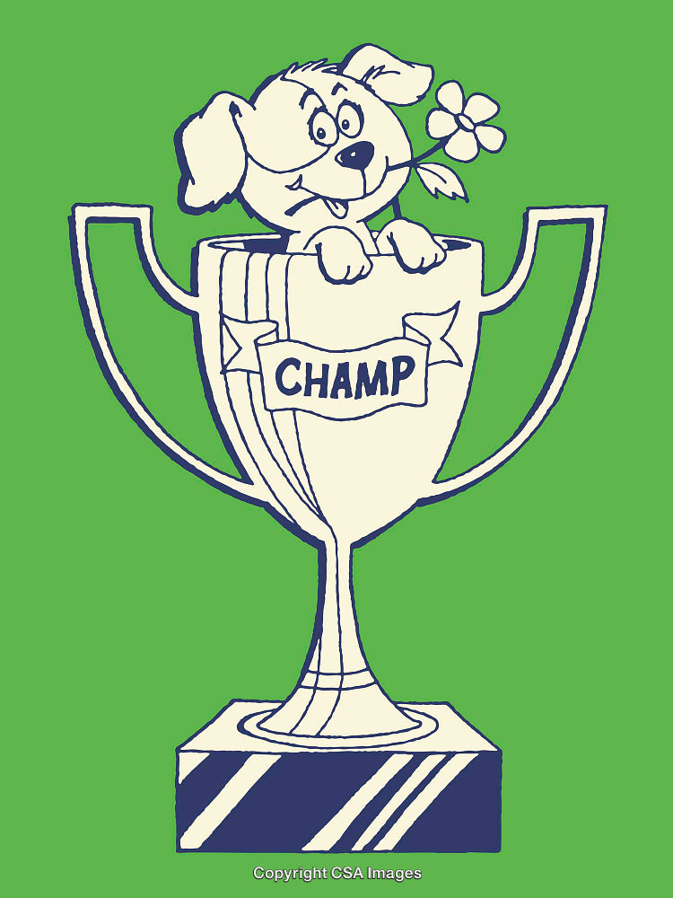 Playful Puppy Emerges From Champion Trophy with a Flower Illustration
