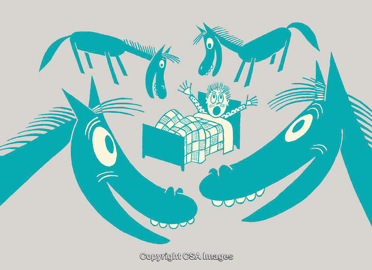 Surreal Illustration of a Person Facing Abstract Turquoise Horse Figures