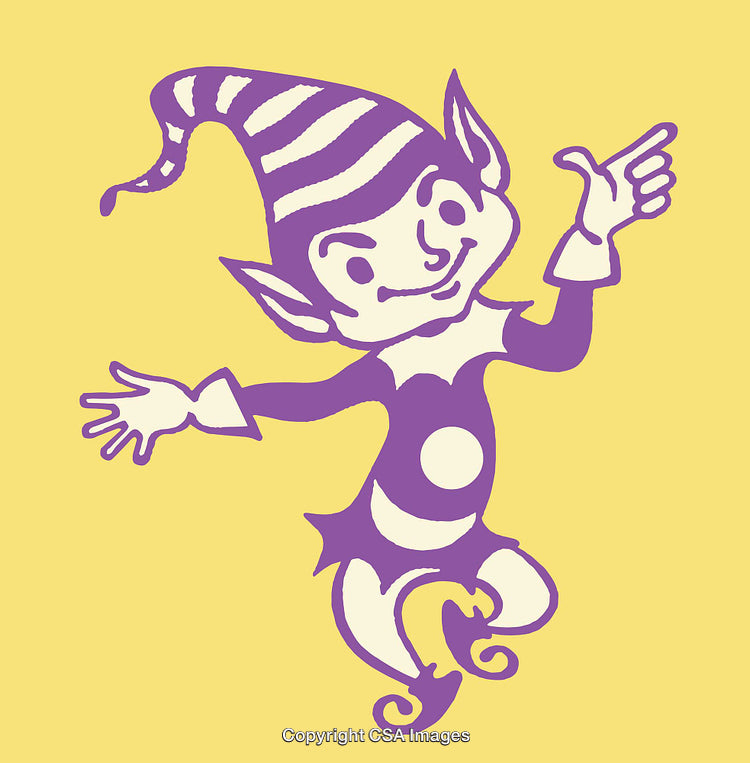 Colorful Elf Character Illustration with Striped Hat and Playful Pose