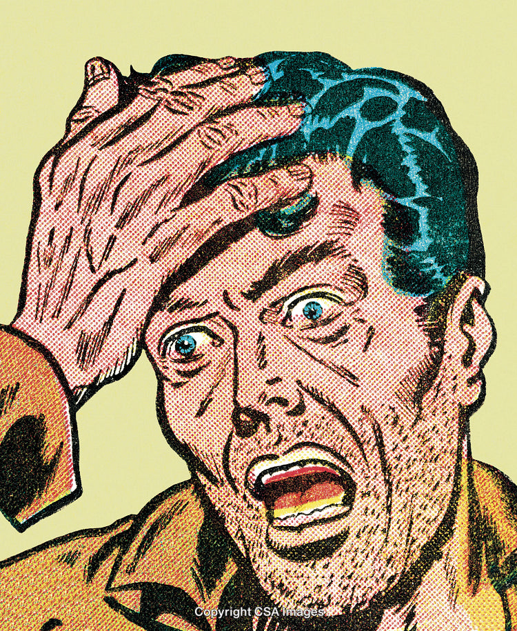 Retro Comic Style Illustration of a Shocked Man Holding His Head