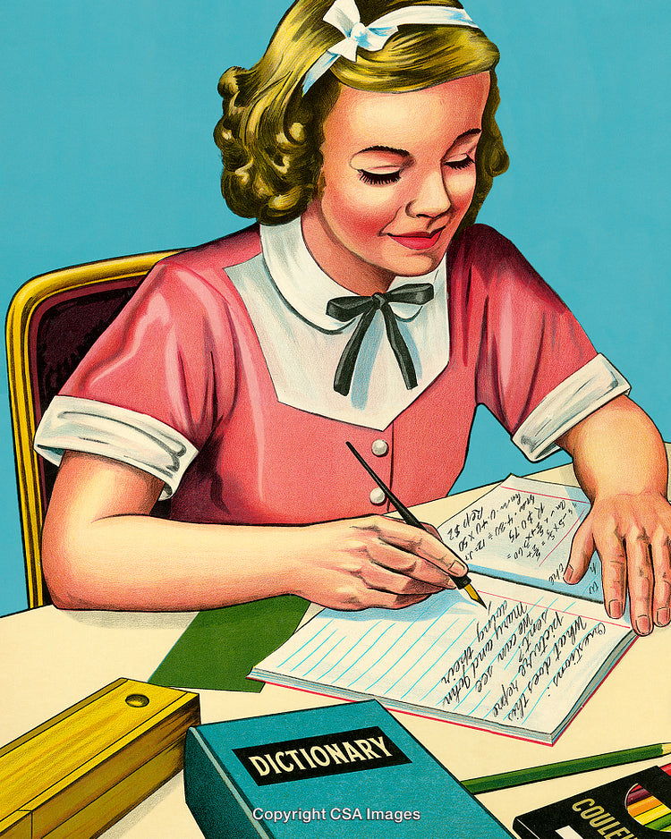 Retro Illustration of a Girl Writing in a Notebook With a Smile