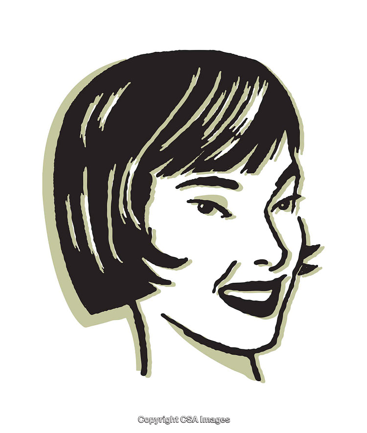 Retro Black And White Illustration of a Smiling Woman with a Vintage Haircut