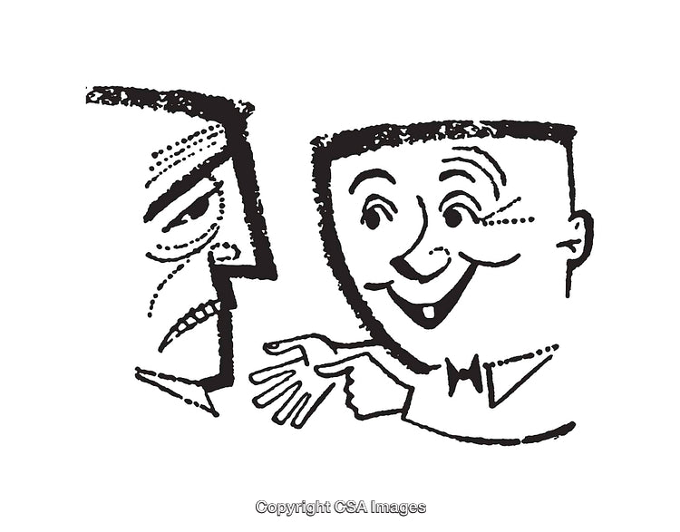 Illustration of Contrasting Expressions Between Two Animated Male Faces
