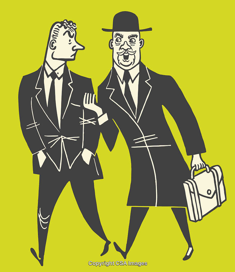 Cartoon Illustration of Two Businessmen in Conversation with Briefcase