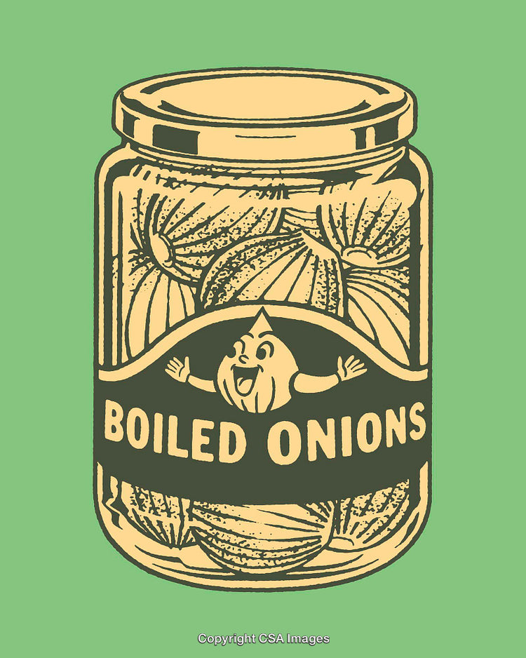 Vintage Illustration of a Jar of Boiled Onions with Cartoon Character