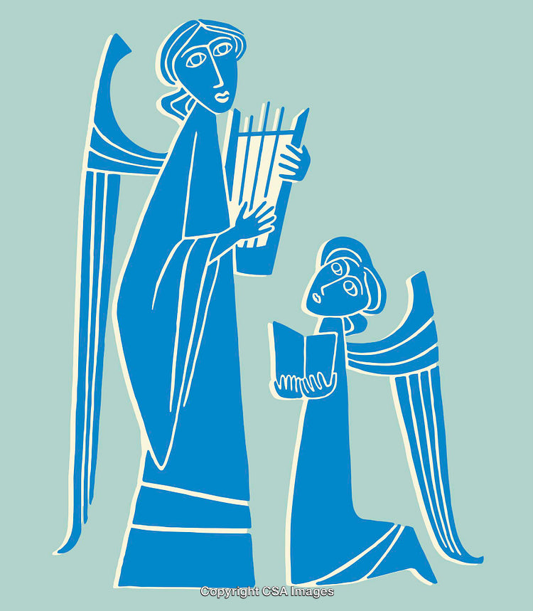 Blue Line Art Illustration of Two Angels with Harp and Scroll