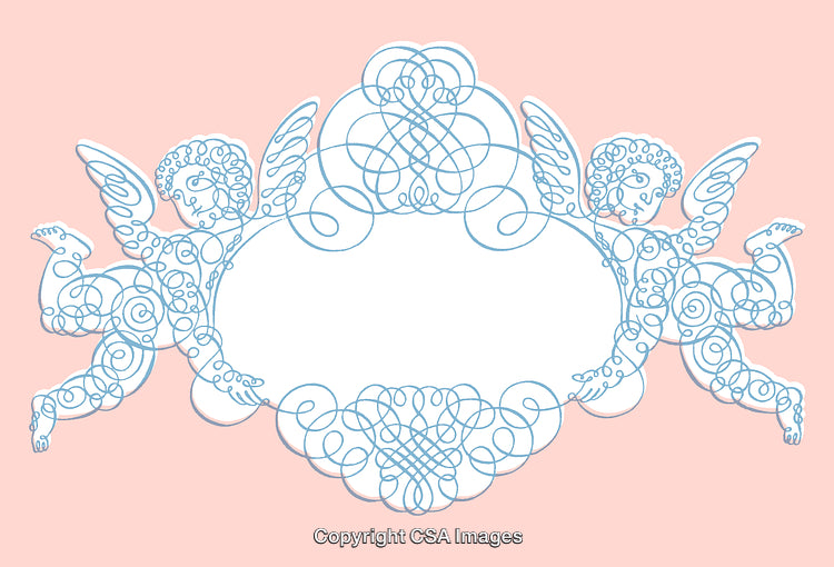 Elegant Line Art Cherub Illustration Featuring Ornate Decoration on Pink Background