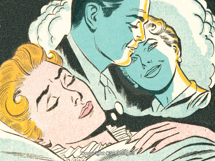 Retro Comic Style Illustration with Dreaming Woman and Imaginative Scenes