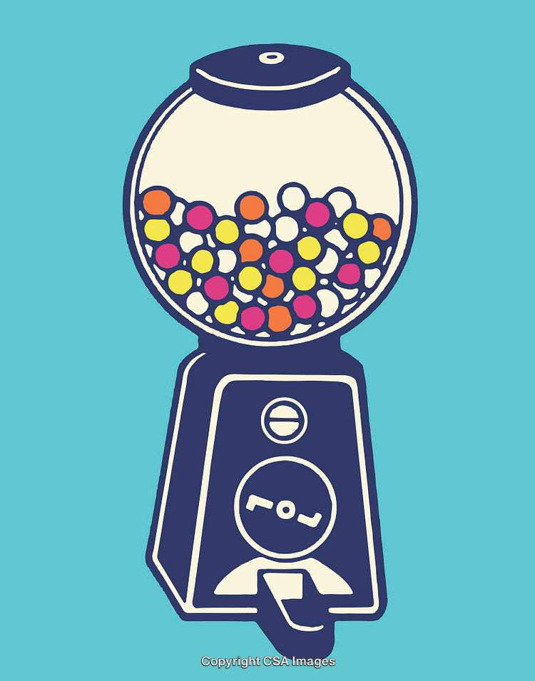 Colorful Gumball Machine Illustration with Vibrant Candy Balls on Blue Background