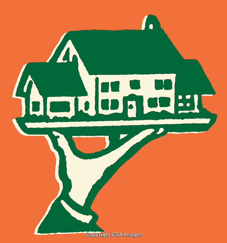 Green House Illustration on Orange Background Representing Real Estate Concepts