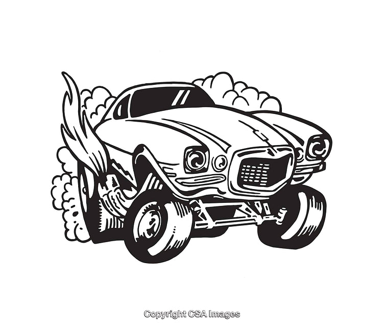 Energetic Black and White Illustration of a Classic Car in Action