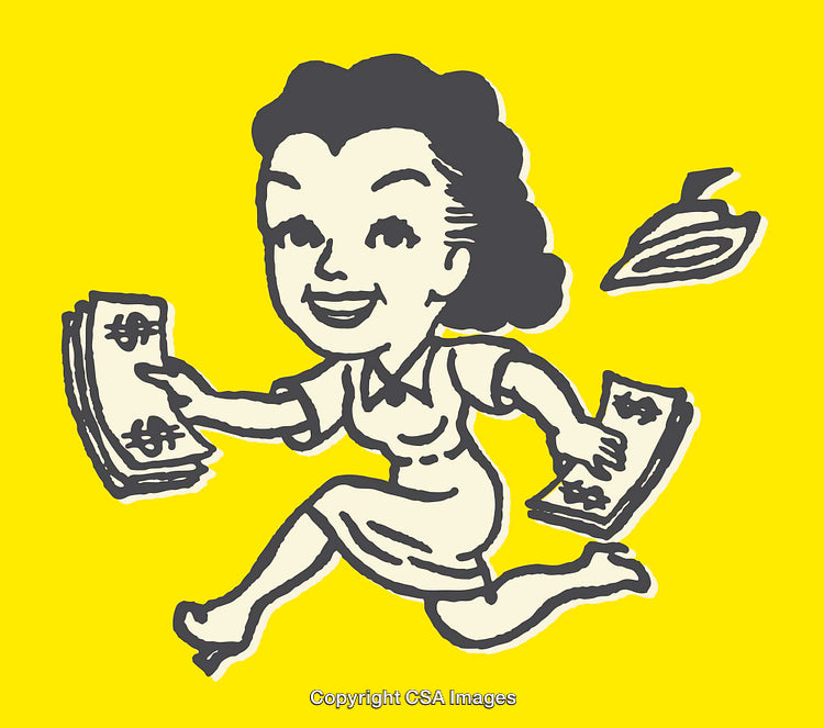 Retro Styled Illustration of a Happy Woman Running with Money