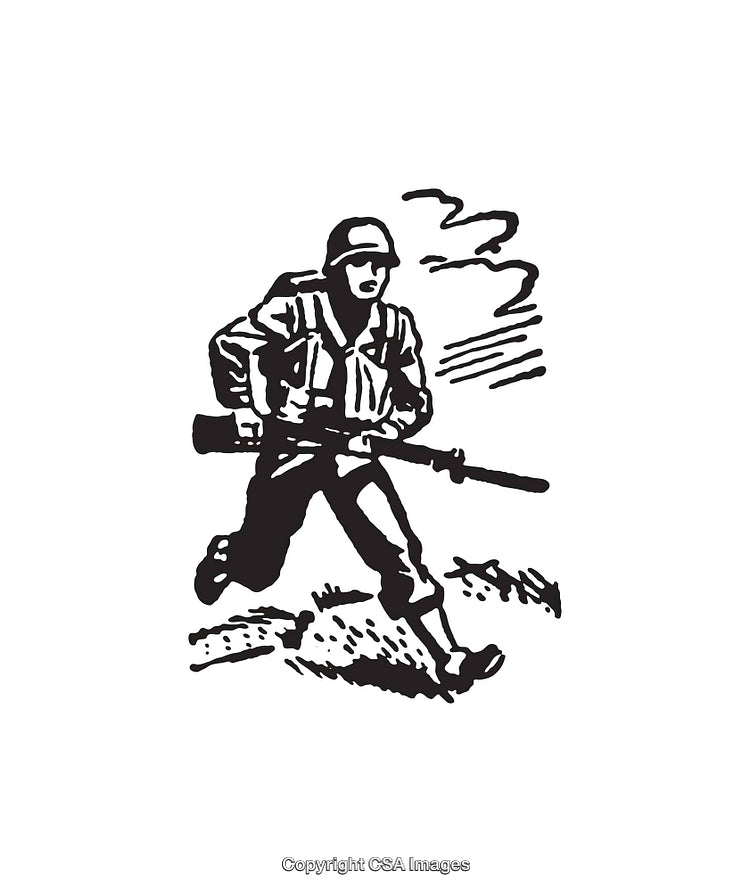 Solder Running in Combat with Rifle in Black and White Line Art