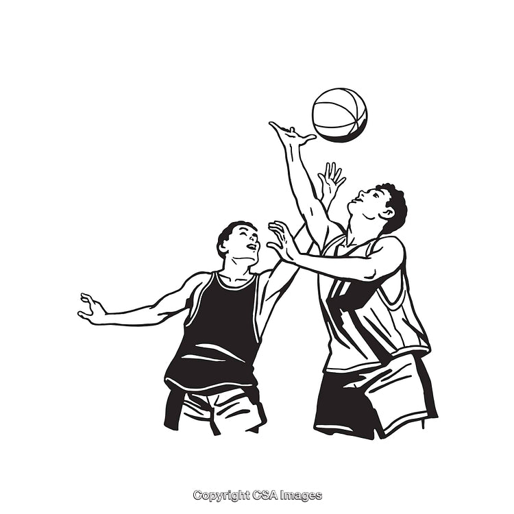 Black and White Line Art of Two Basketball Players Competing for the Ball