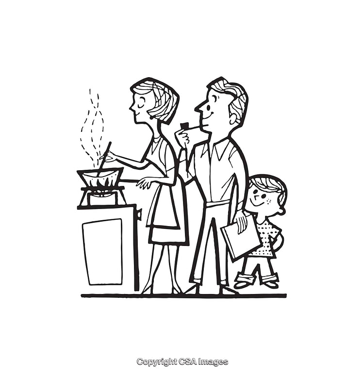 Black and White Line Art of a Family Cooking Together