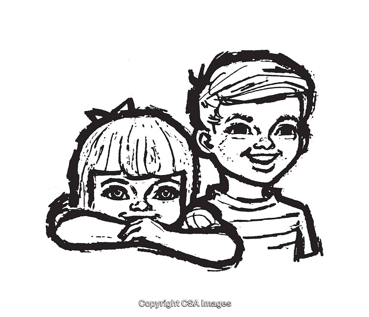 Black and White Illustration of Two Happy Children Sitting Together