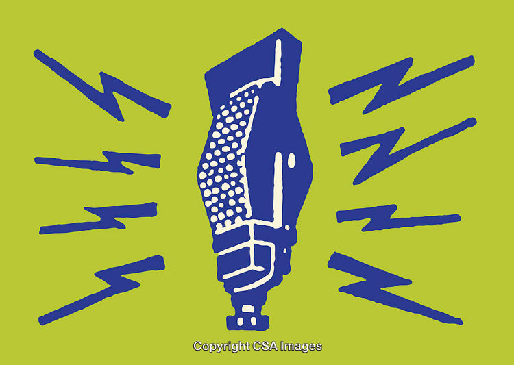 Colorful Line Art Microphone with Lightning Bolts on Green Background