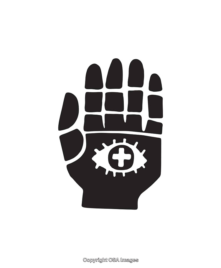 Hand with Eye and Cross Symbol Icon in Black and White Design