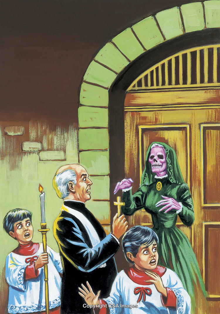 Priest Confronting Ghostly Being with Children Nearby Inside a Church
