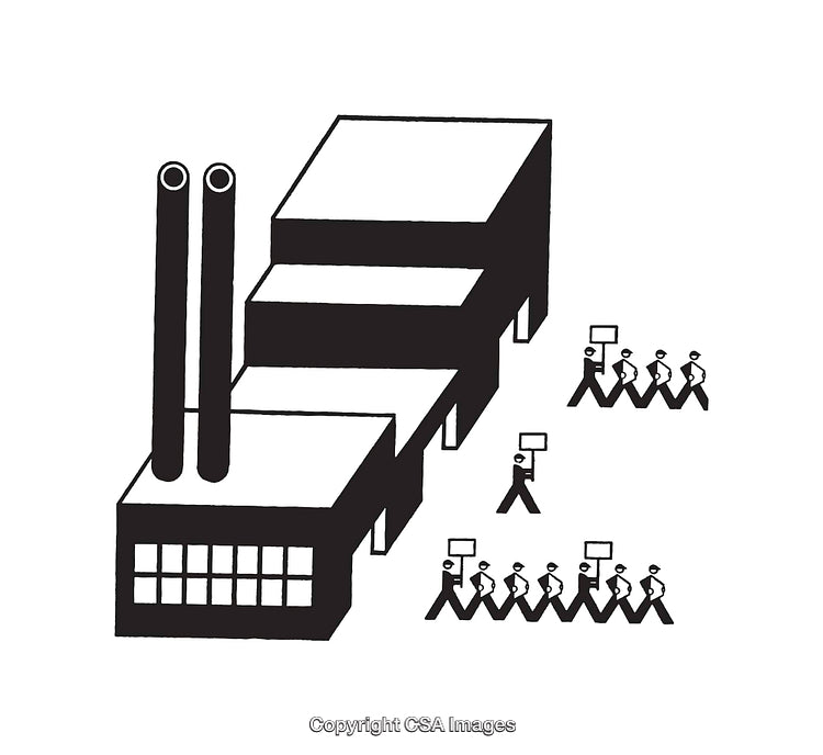 Protesters Demonstrating Outside an Industrial Factory Building in Monochrome Line Art
