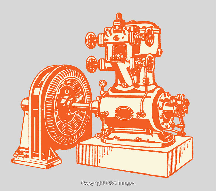 Vintage Engine Line Art Illustration in Retro Orange and White Palette