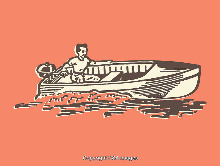Vintage Illustration of a Person Steering a Motorboat over Calm Waters