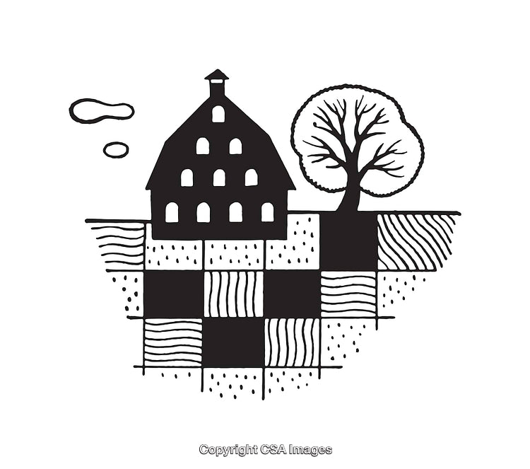Black and White Line Art of Farmhouse with Tree and Fields