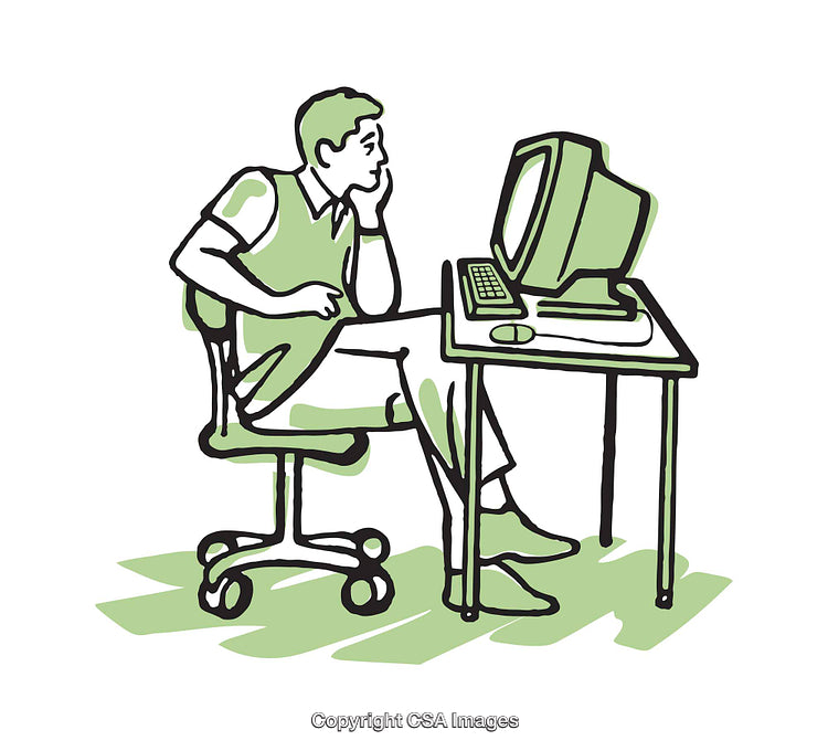 Man Thinking While Sitting at Desk With Computer Illustration