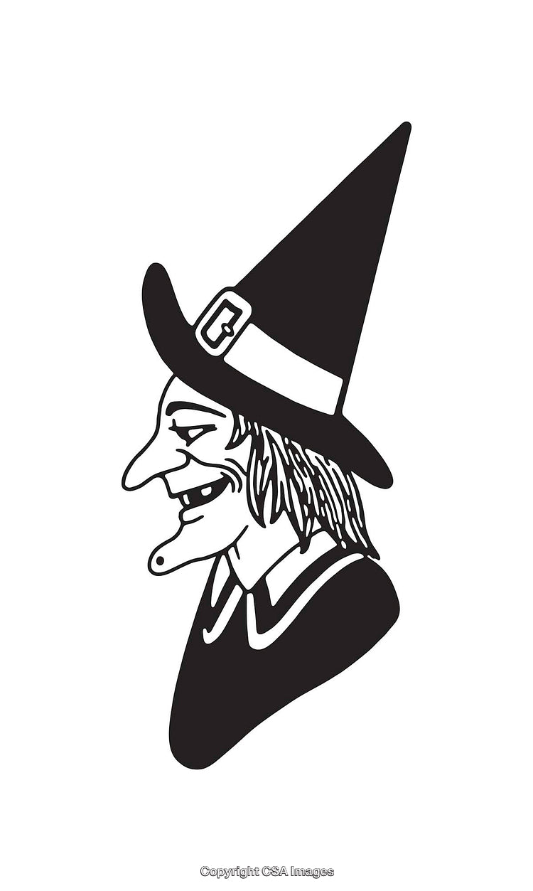 Black and White Illustration of a Witch in Traditional Hat and Cloak