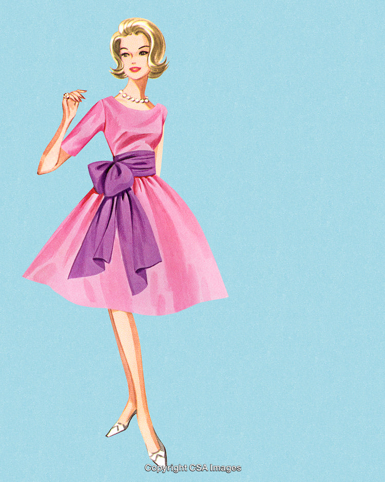 Elegant Woman in Pink Dress with Large Purple Bow and Classic Style