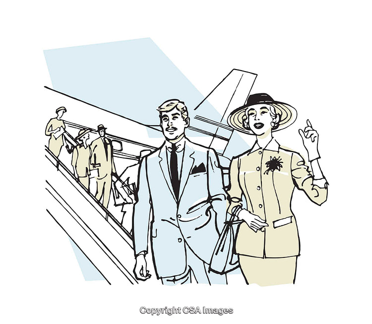 Vintage Style Illustration of Travelers Disembarking from Airplane