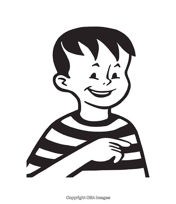 Black and White Line Art of a Smiling Boy in Striped Shirt