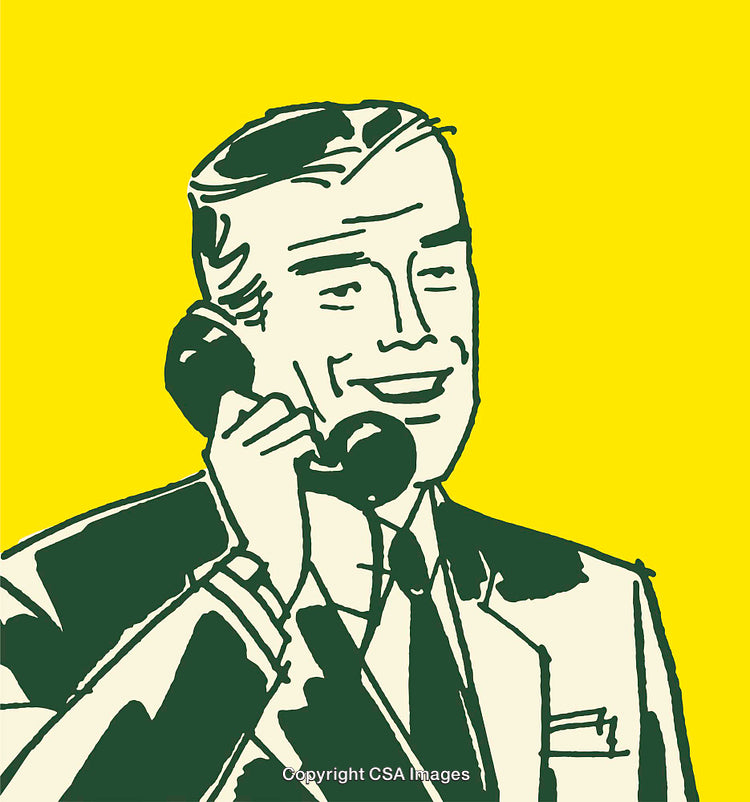 Retro Style Businessman Illustration Talking on a Phone with Bright Yellow Background