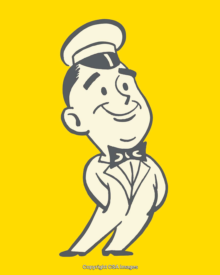 Vintage-Style Illustration of a Smiling Man in Retro Attire on Yellow Background