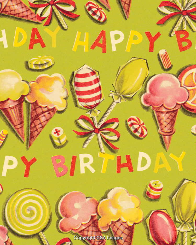 Colorful Birthday Pattern with Ice Cream and Candy on Green Background