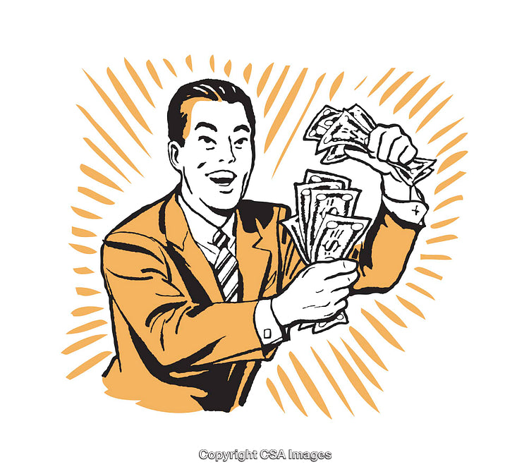 Vintage Style Illustration of a Man Excitedly Holding Money