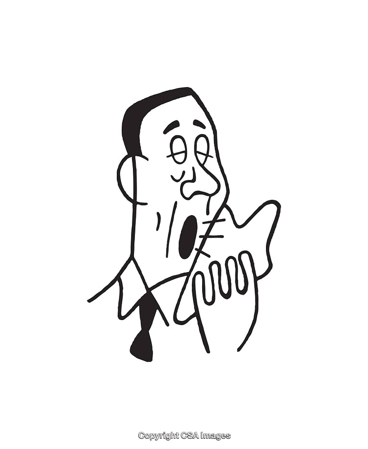 Black and White Line Art Illustration of Man Covering Mouth