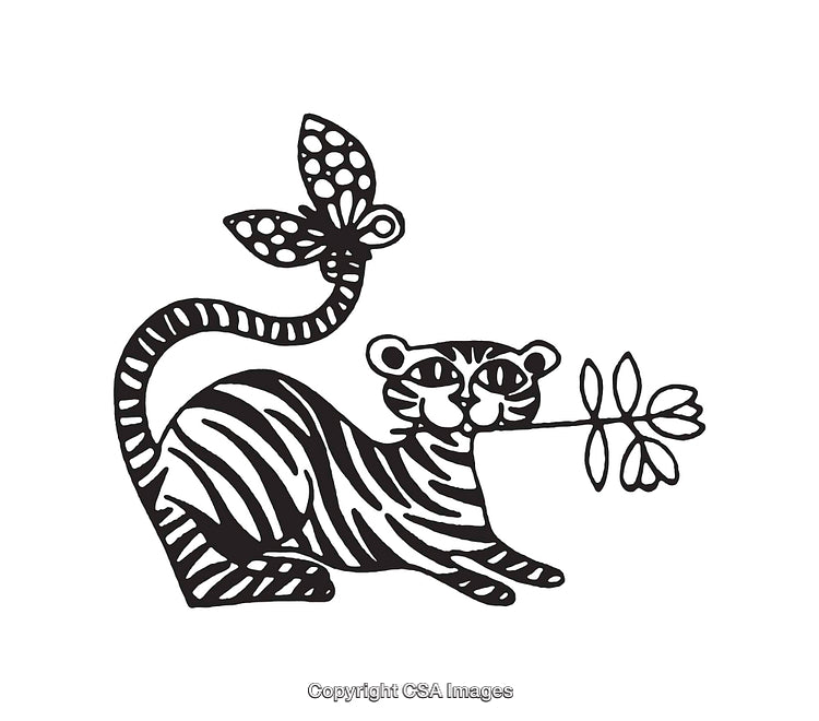 Playful Tiger Line Art with Butterfly and Flower Illustration
