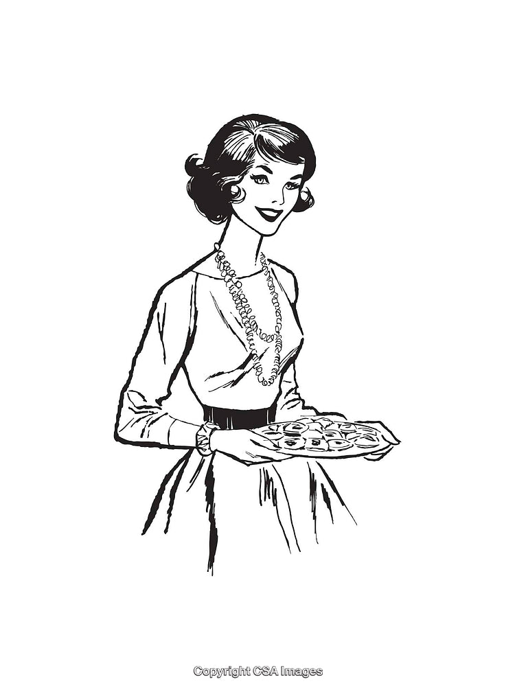 Vintage Black and White Illustration of a Woman Holding a Serving Tray