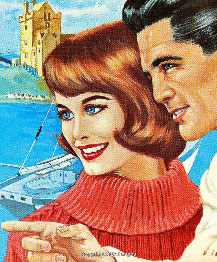 Retro Illustration of a Smiling Couple by a Scenic Coastal Setting
