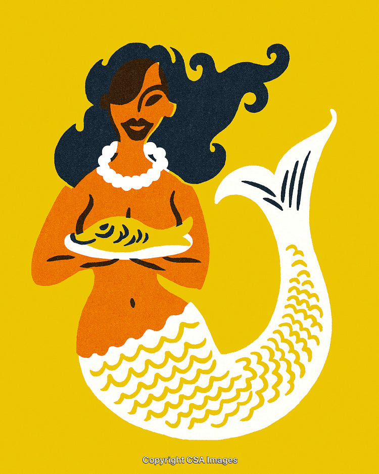 Vibrant Mermaid Illustration Holding a Fish on Yellow Background