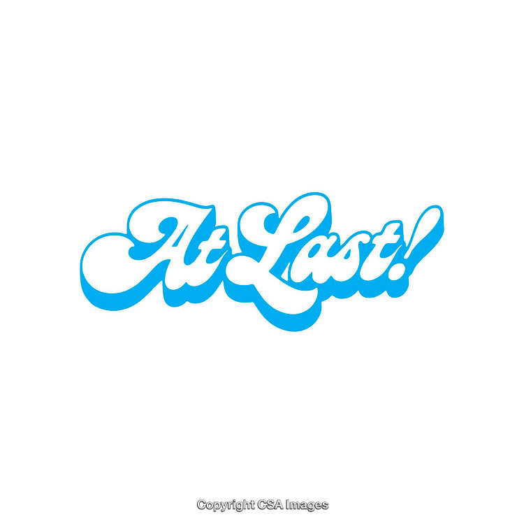 Blue Text Illustration Reading 'At Last!' on White Background