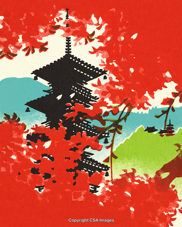 Traditional Japanese Pagoda Framed by Vibrant Red Autumn Leaves and Nature