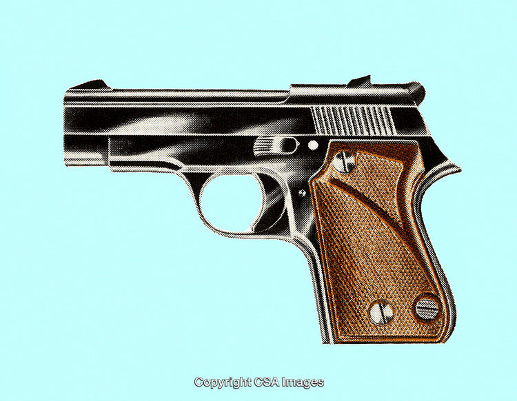 Stylized Vintage Handgun Artwork Featuring Dot Screen Effect on Blue Background