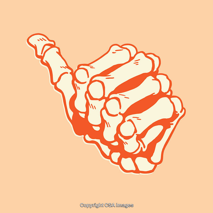 Illustrated Skeleton Hand Making Shaka Sign on Minimalistic Background