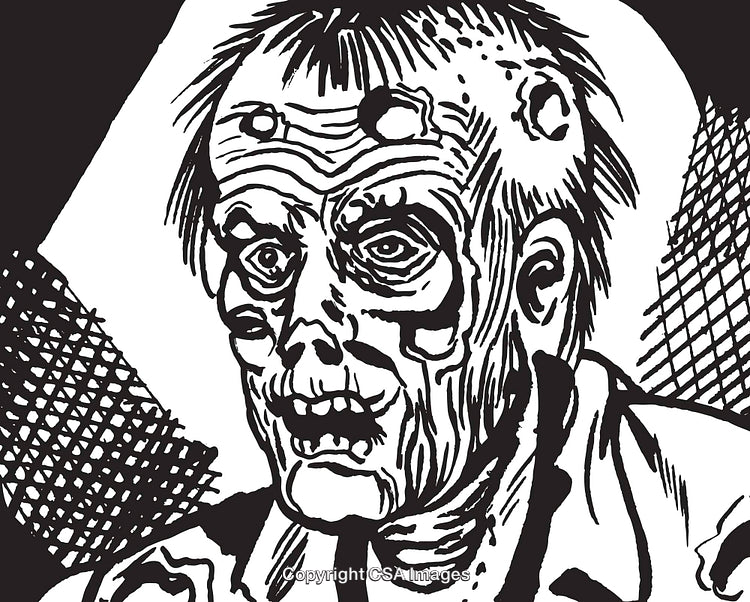 Black and White Illustration of an Eerie Zombie Face Staring Forward